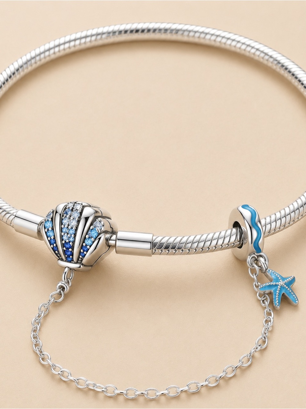 Sterling Silver Ocean Charm Bracelet with Blue Shell and Starfish